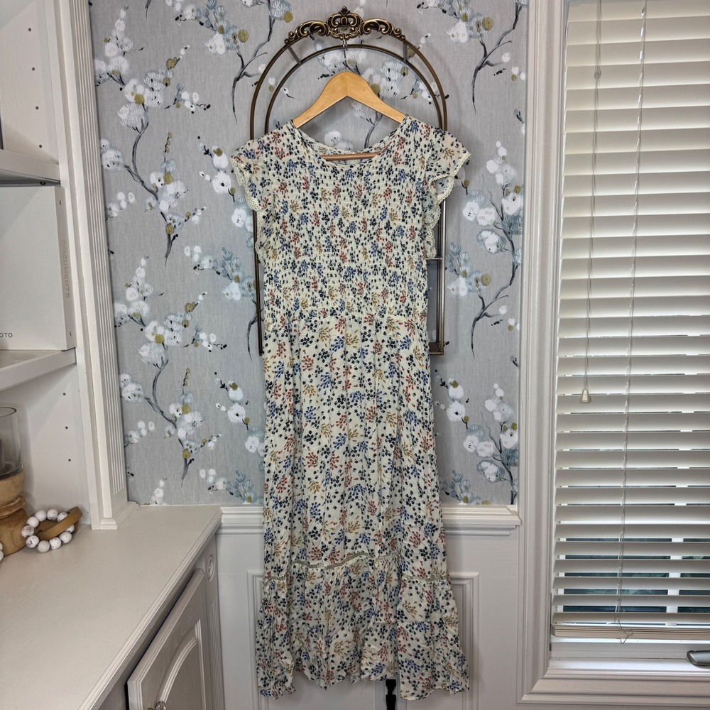 Lost‎ + Wander Womens Floral Smocked Midi Dress Flutter Sleeve Cream Large